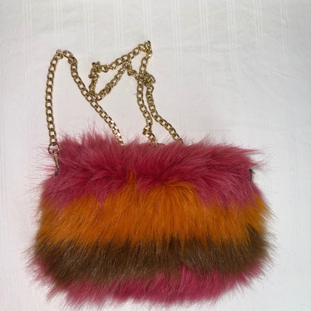 Do Everything In Love Faux Fur Crossbody Bag Pink Brown Striped Gold Chain